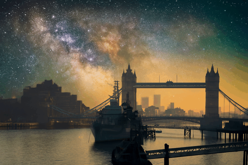 A picture of London with the Milky Way in the Background
